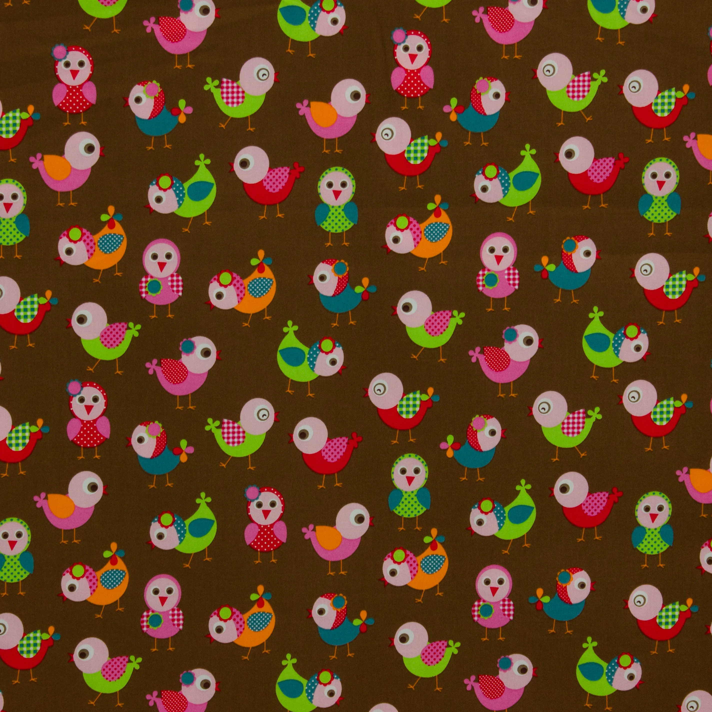 Katoen bruin met cartoon kippen/vogels